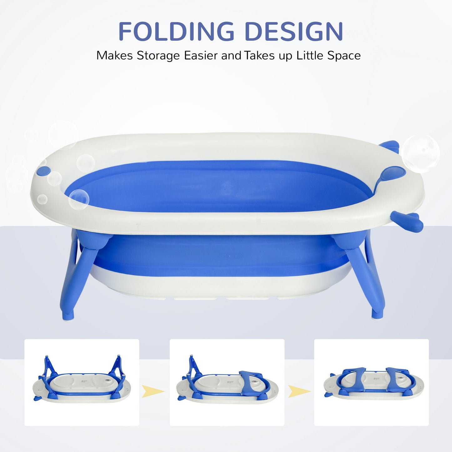 Collapsible Baby Bath Tub Foldable Ergonomic w/ Cushion Temperature Sensitive Water Plug Non-Slip Support Leg Portable for 0-3 Years, Blue-4