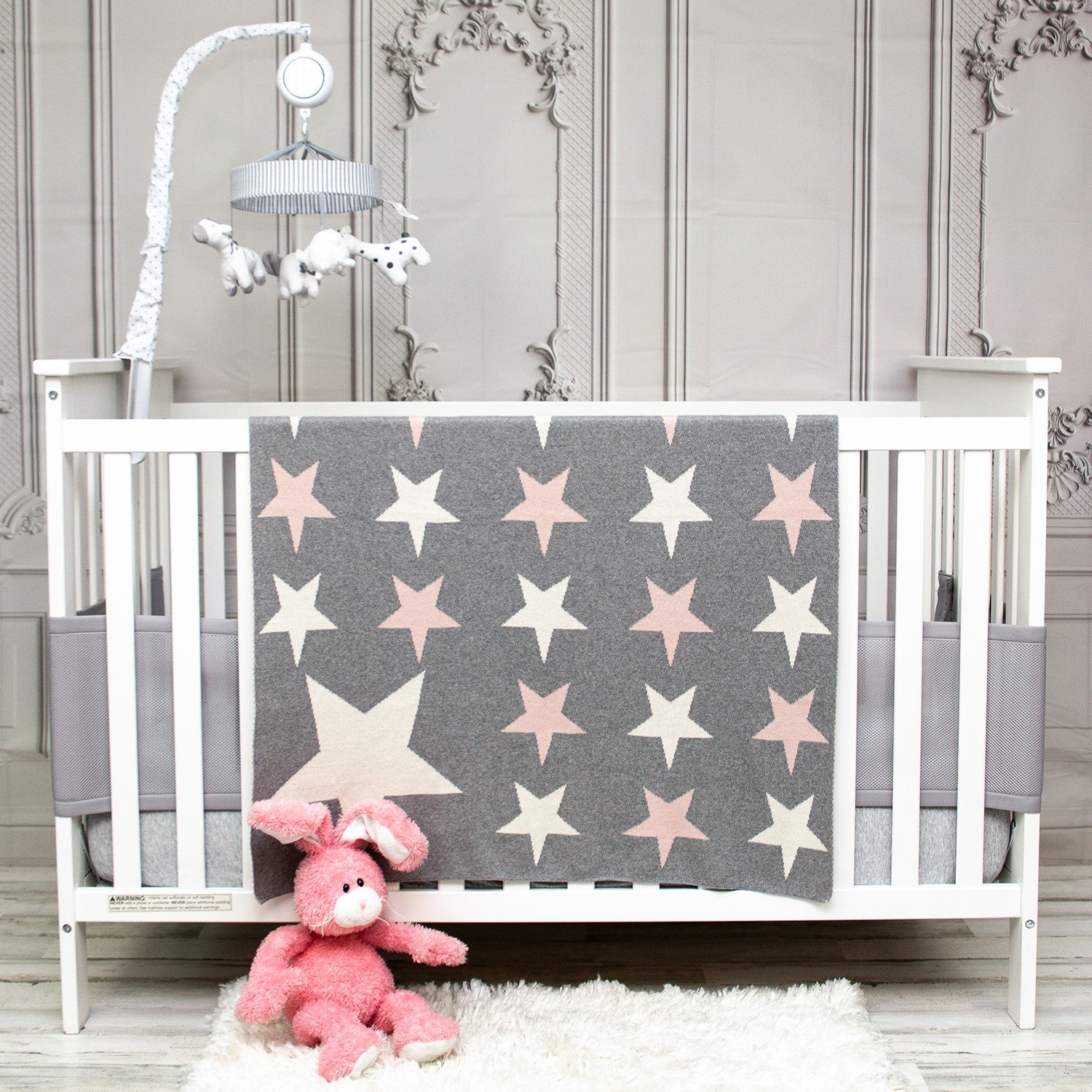 Grey Ivory And Pink Stars Knitted Baby Blanket-6