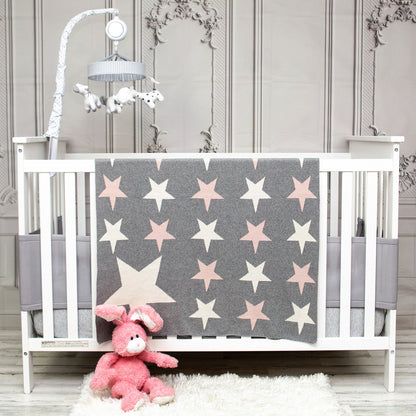 Grey Ivory And Pink Stars Knitted Baby Blanket-6
