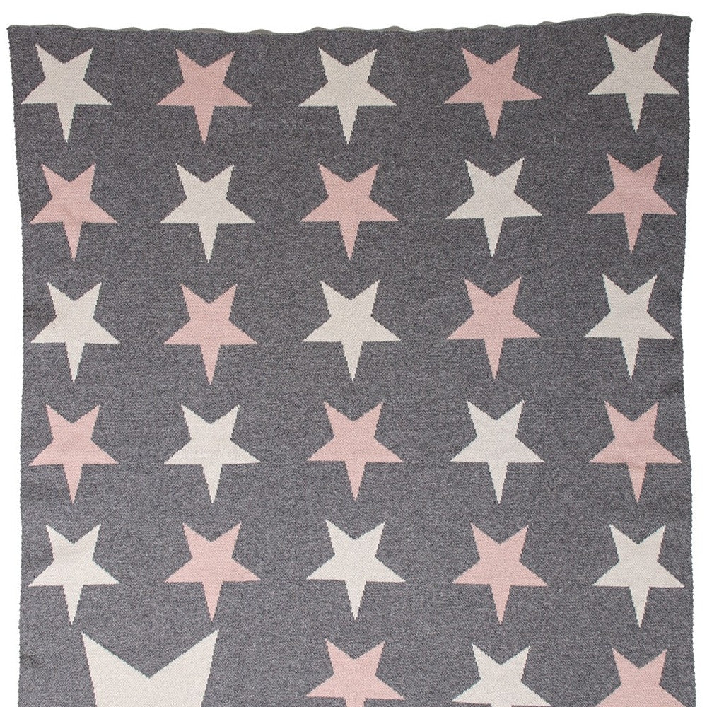 Grey Ivory And Pink Stars Knitted Baby Blanket-5