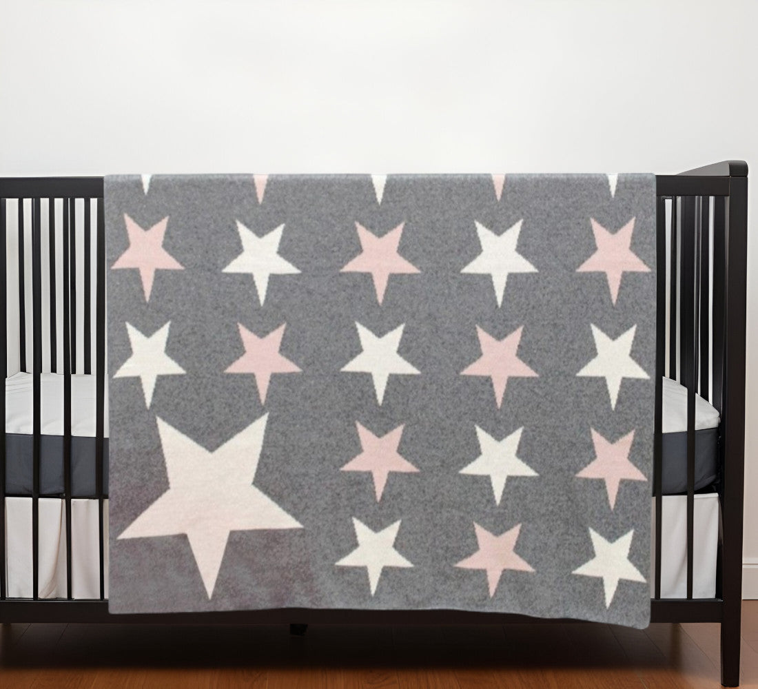 Grey Ivory And Pink Stars Knitted Baby Blanket-0