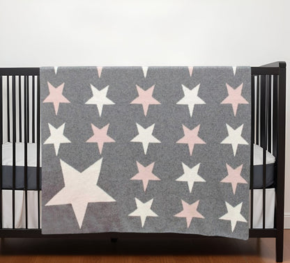 Grey Ivory And Pink Stars Knitted Baby Blanket-0