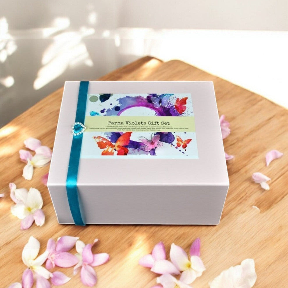Parma Violets Handmade Bath and Beauty Gift Set Containing Bath Fluff, Jumbo Shea Bath Bomb, Body Butter and Bath Dust-0