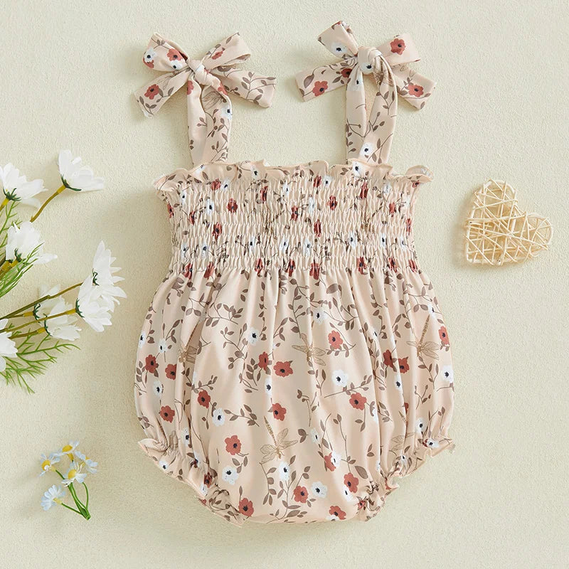 Newborn Infant Baby Girls Tie Strap Floral Print Romper