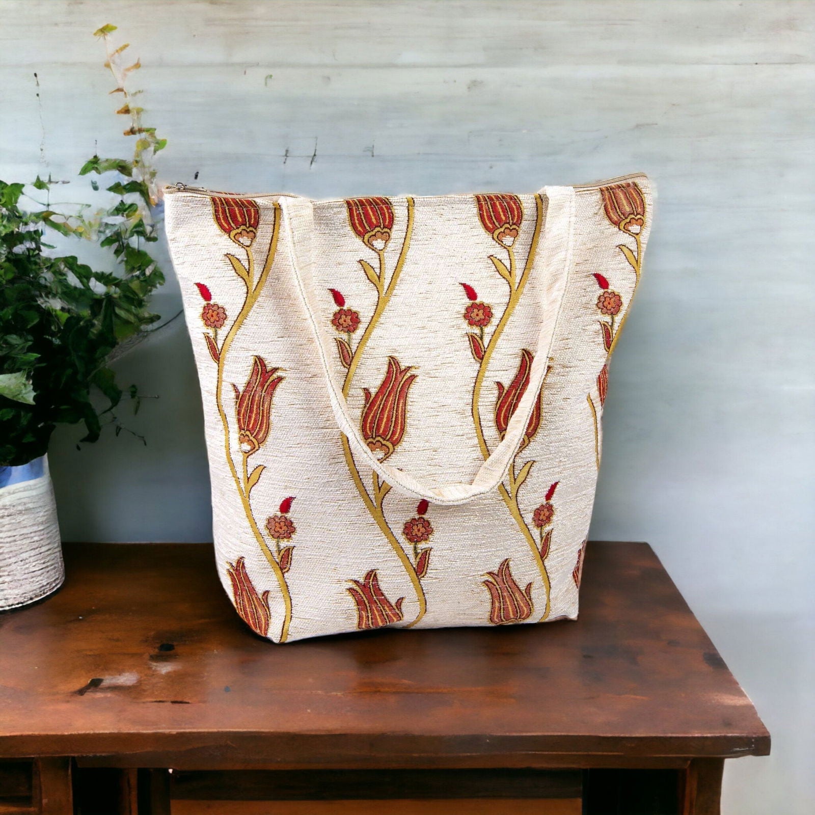 Turkish Carpet Bag | Tulip Bag | Tote Bag With Zipper/Handle| Kilim Ottoman Bag | Reusable Bag For Shopping | Handmade Bags For Everyday Use-1