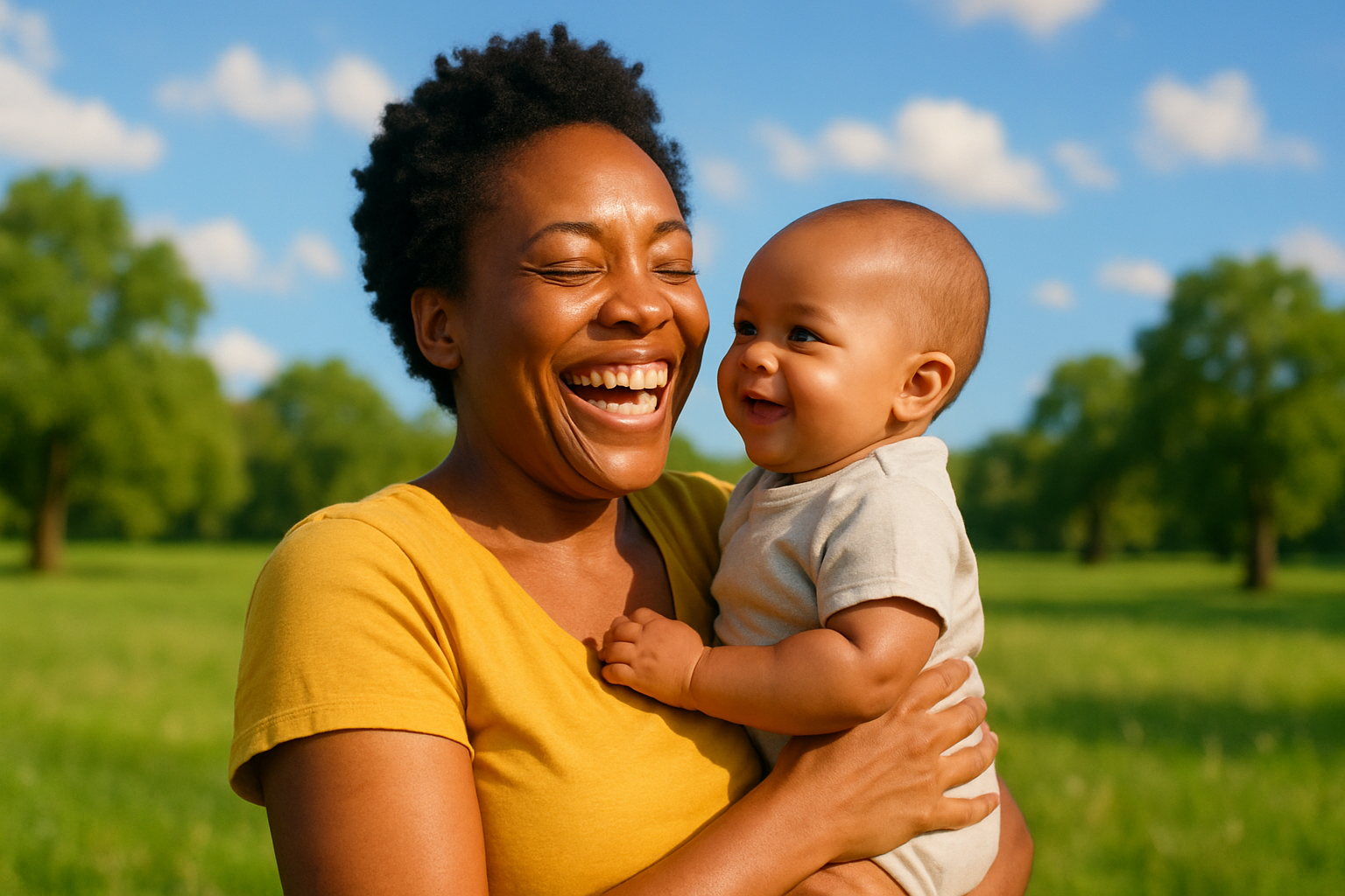 A happy parent holding their baby, outdoor