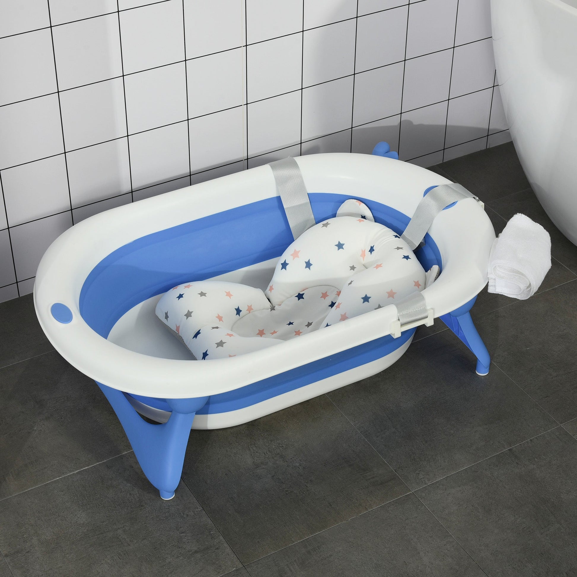Collapsible Baby Bath Tub Foldable Ergonomic w/ Cushion Temperature Sensitive Water Plug Non-Slip Support Leg Portable for 0-3 Years, Blue-1