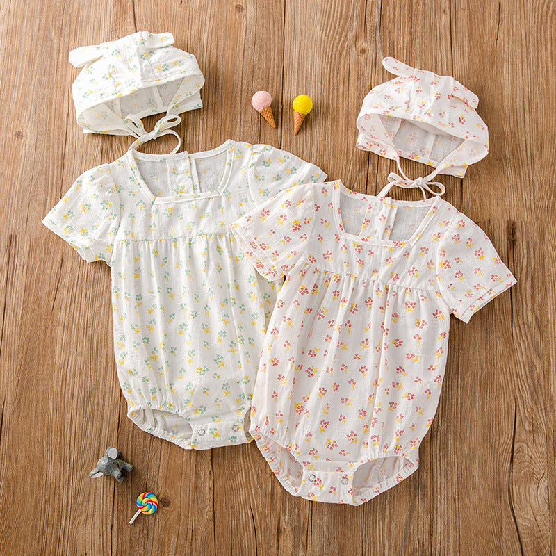 Baby Girl Floral Print Square Collar bodysuit With Hat-0