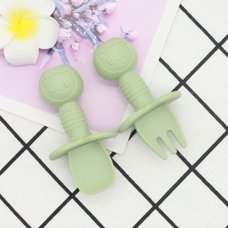 Baby Bear Pattern Complementary Food Training Lovely Silicone Spoon Fork Sets-10