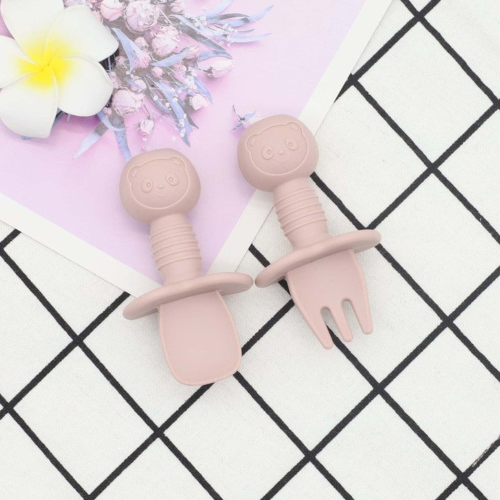 Baby Bear Pattern Complementary Food Training Lovely Silicone Spoon Fork Sets-6