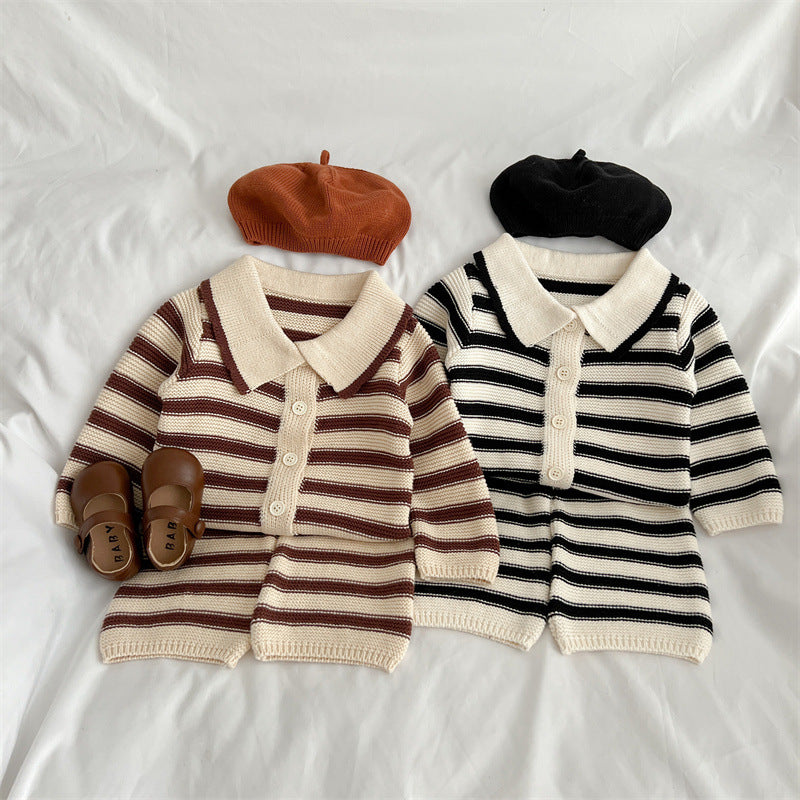 Baby Striped Pattern Lapel Knitted Cardigan or Pants-0