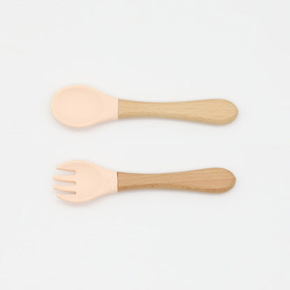 Baby Food Grade Wooden Handles Silicone Spoon Fork Cutlery-16