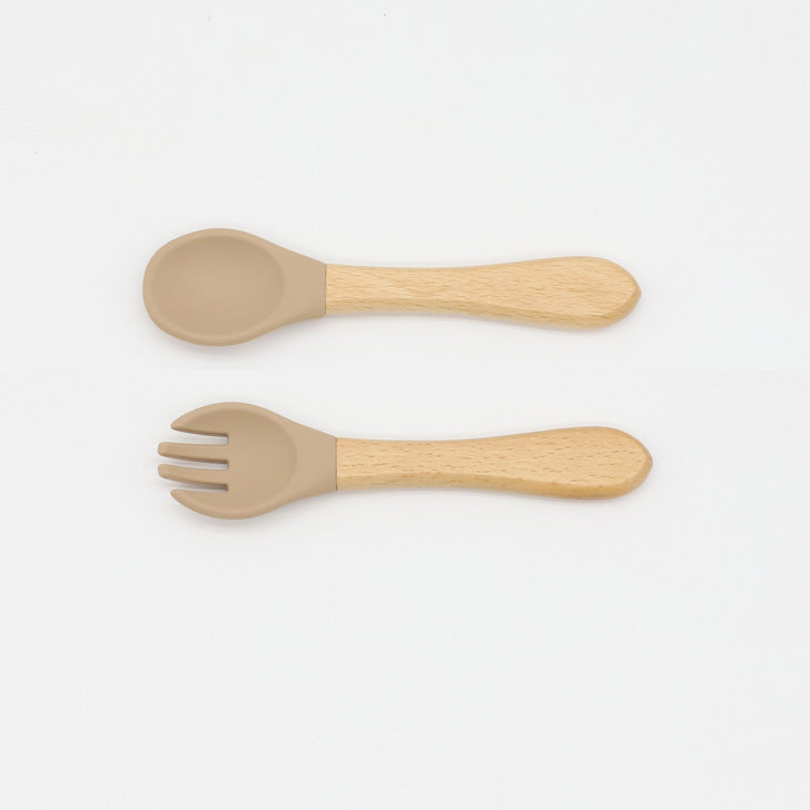 Baby Food Grade Wooden Handles Silicone Spoon Fork Cutlery-14