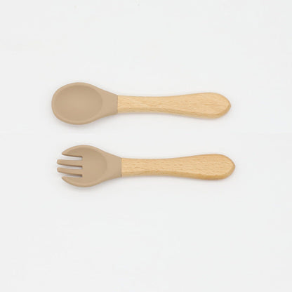 Baby Food Grade Wooden Handles Silicone Spoon Fork Cutlery-14