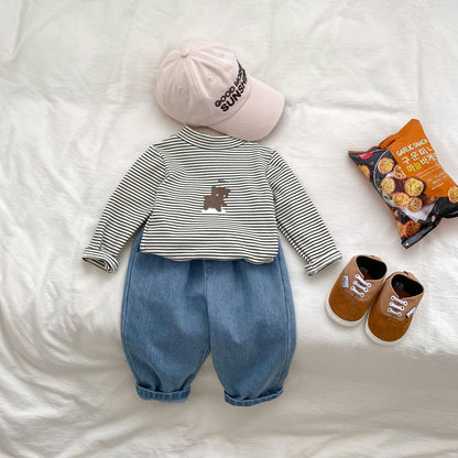 Arrival Autumn Baby Unisex Long Sleeves Striped Teddy Top Shirt and Denim Jeans – Matching Set-0