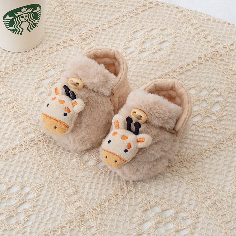 Winter Arrival Baby Animals Cartoon Pattern Anti-slip Fleece-lined Toddler Cotton Shoes-0