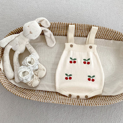 Arrival Autumn Baby Unisex Long Sleeves Cherry Jacquard Pattern Strap Onesies and Crew Neck Cardigan – Matching Set-1