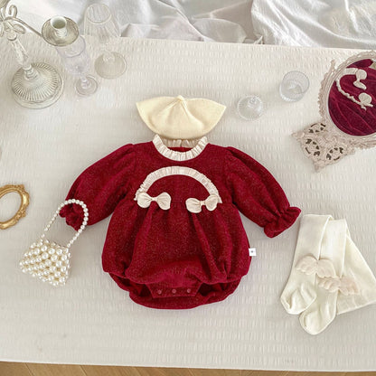 Autumn and Winter Arrival Baby Girls Long Sleeves Ruffle Neck Cozy Onesies Bodysuits-1