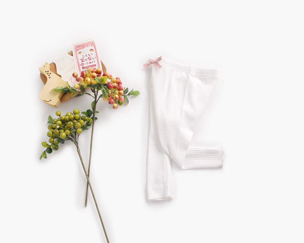 Baby Girl Solid Color Pants Leggings With Bow Decoration-1