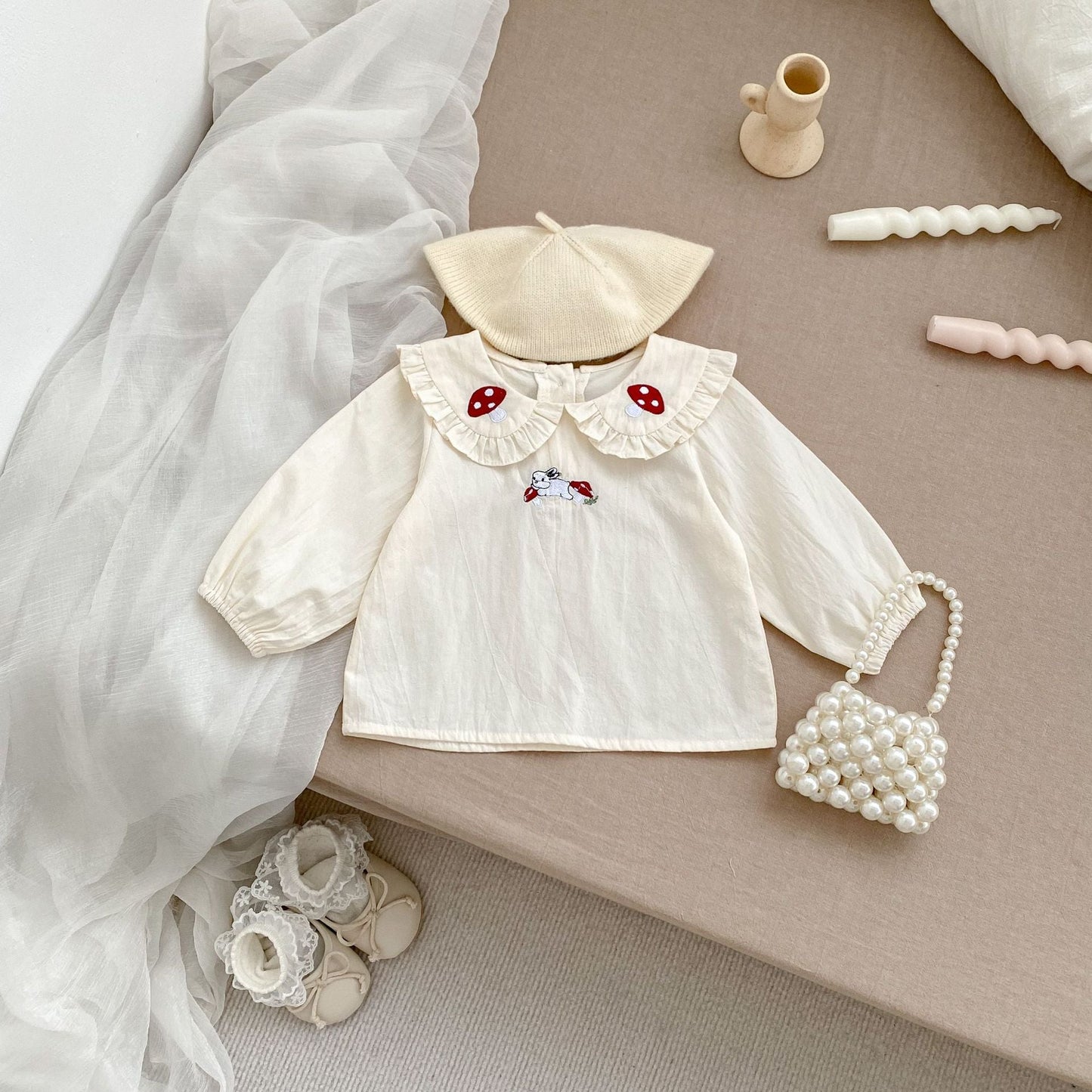 Autumn Arrival Baby Kids Girls Comfortable Simple Rabbits and Vegetable Pattern Long Sleeves Top Shirt with Collar-1