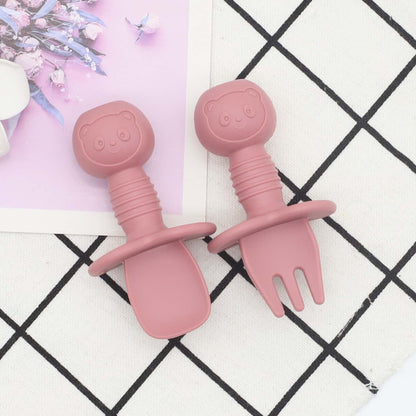 Baby Bear Pattern Complementary Food Training Lovely Silicone Spoon Fork Sets-5