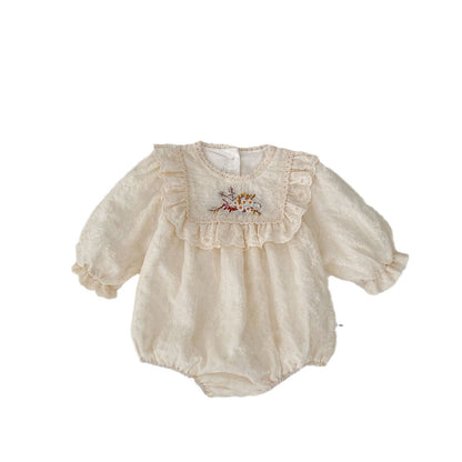 Spring Arrival Baby Girls Long Sleeves Floral Embroidered Bodysuits Onesies-0