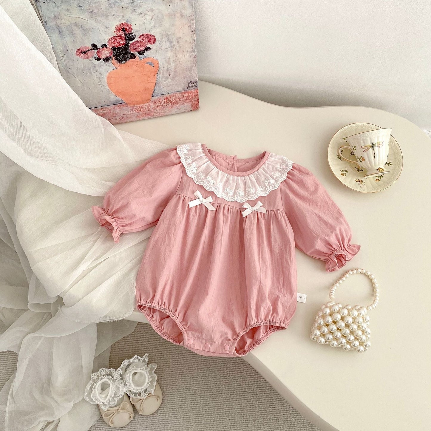 Spring Arrival Baby Girls Long Sleeves Floral Embroidered Collar Onesies Bodysuits-0