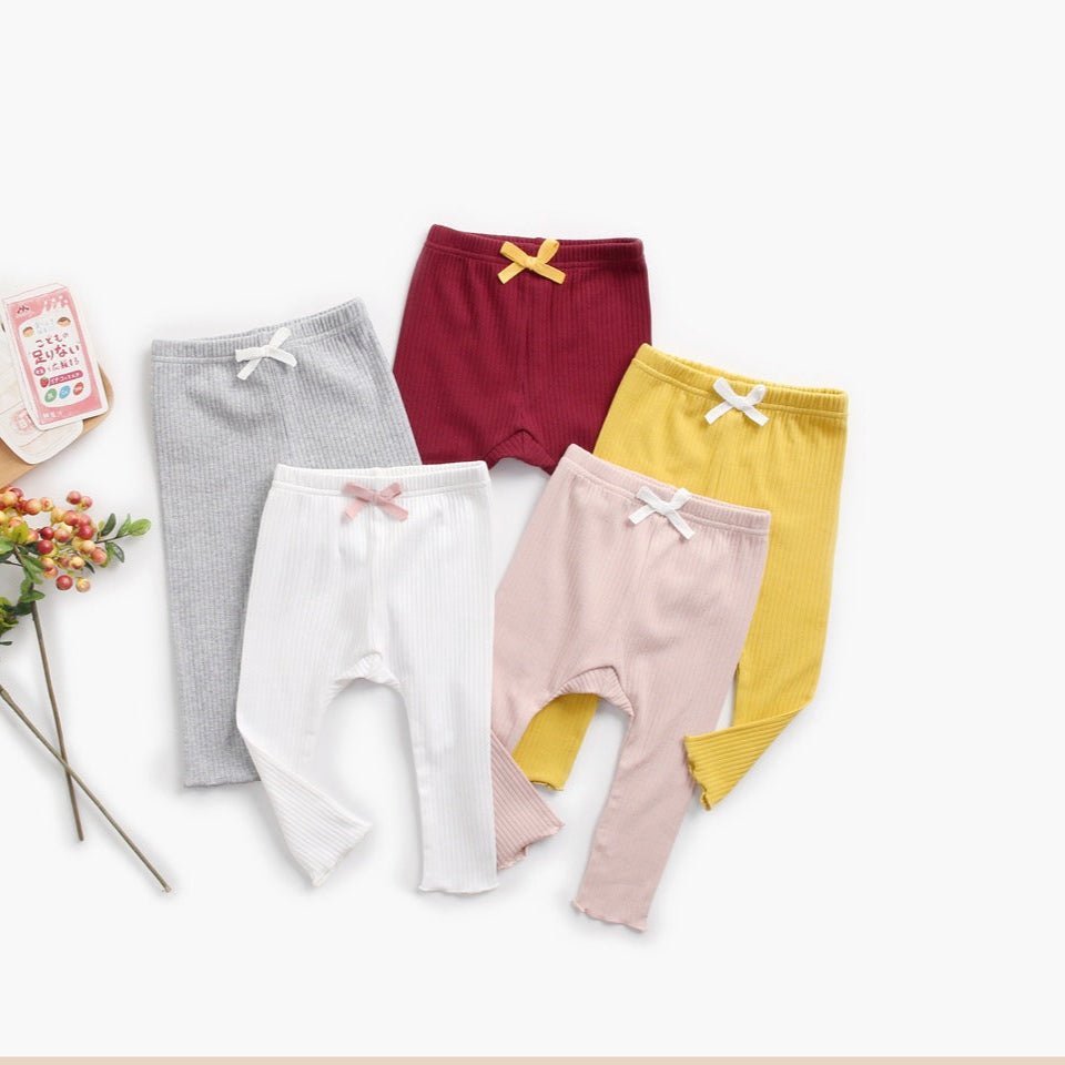 Baby Girl Solid Color Pants Leggings With Bow Decoration-0