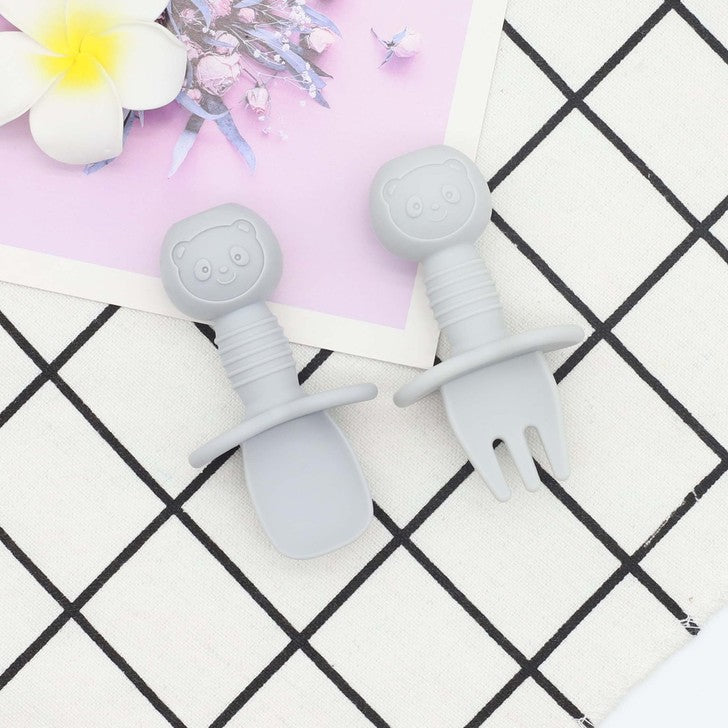 Baby Bear Pattern Complementary Food Training Lovely Silicone Spoon Fork Sets-12