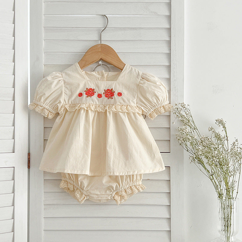 Arrival Summer Baby Kids Girls Flowers Pattern Embroidery Short Sleeves Square Neck Dress And Bloomers Sets And bodysuit – Princess Sister Matching Set-3