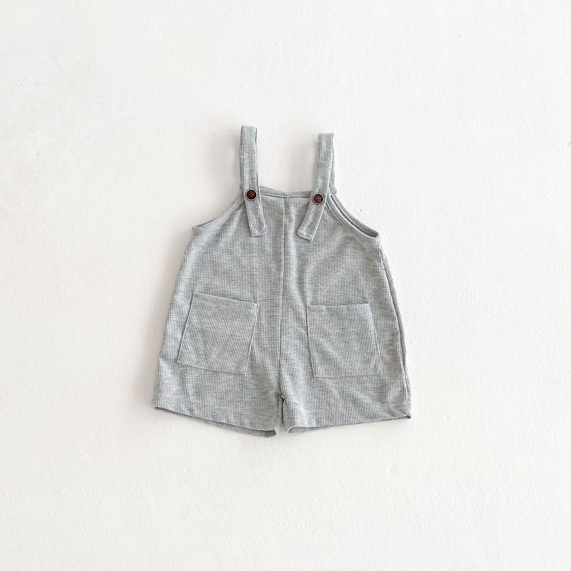 Summer Hot Selling Baby Kids Unisex Sleeveless Pocketed Grey Strap Overalls and White T-Shirt Clothing Set-1