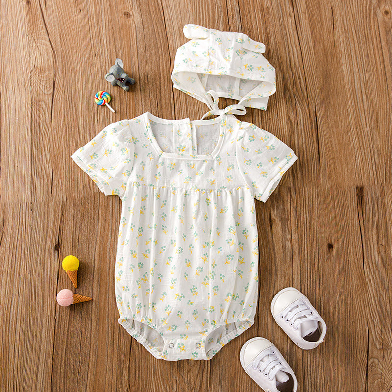 Baby Girl Floral Print Square Collar bodysuit With Hat-2