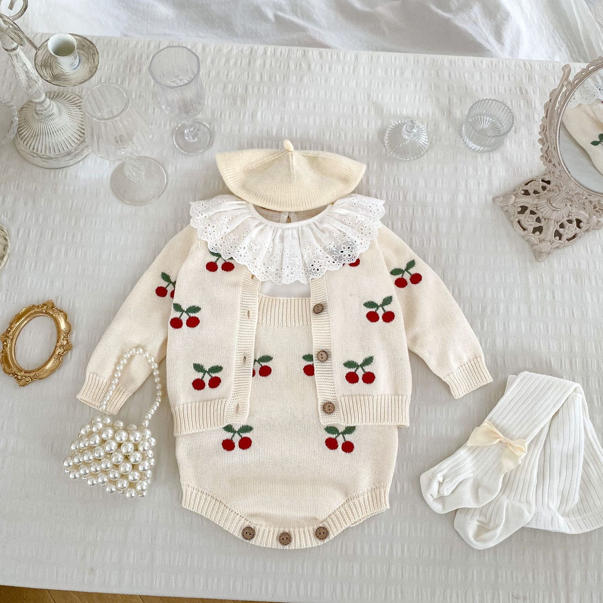 Arrival Autumn Baby Unisex Long Sleeves Cherry Jacquard Pattern Strap bodysuit and Crew Neck Cardigan – Matching Set-3