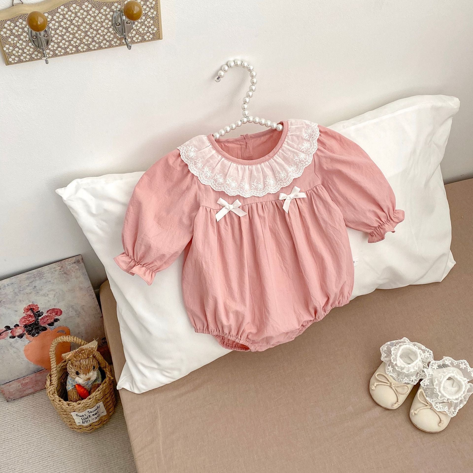 Spring Arrival Baby Girls Long Sleeves Floral Embroidered Collar Onesies Bodysuits-2