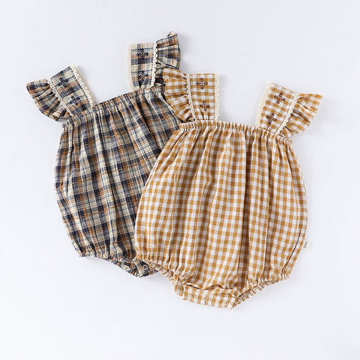Summer Arrival Baby Girls Sleeveless Plaid Design Onesies Bodysuits-0
