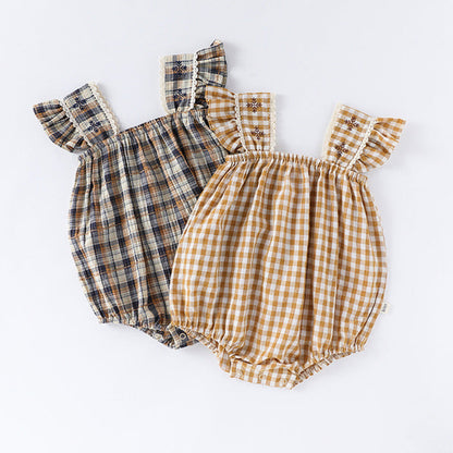 Summer Arrival Baby Girls Sleeveless Plaid Design Onesies Bodysuits-0