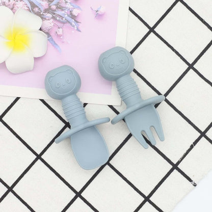 Baby Bear Pattern Complementary Food Training Lovely Silicone Spoon Fork Sets-7