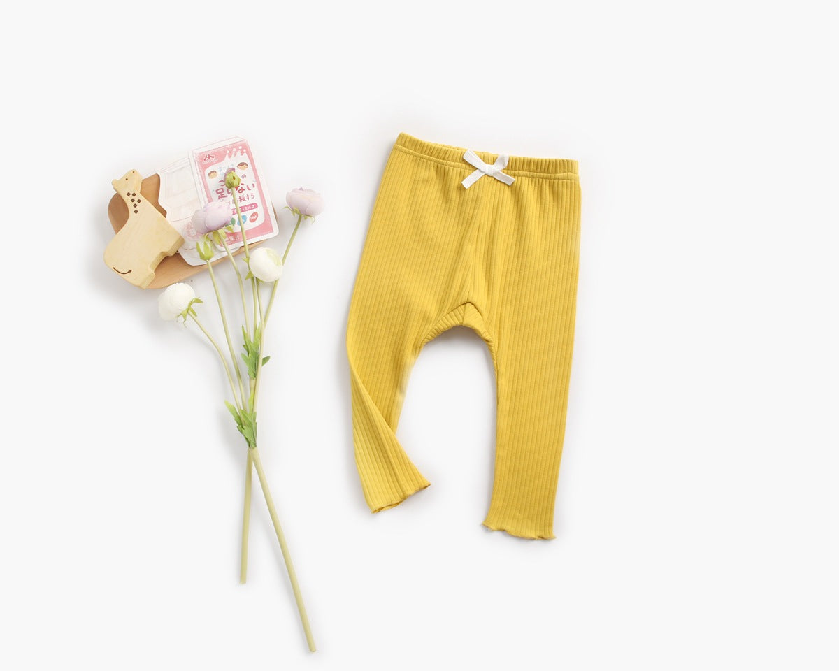 Baby Girl Solid Color Pants Leggings With Bow Decoration-3