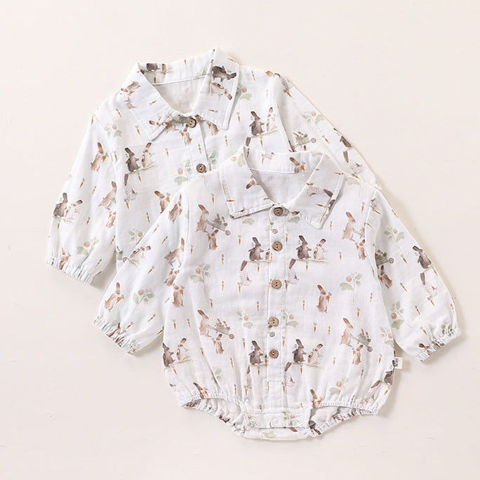 Spring Baby Kids Unisex Cartoon Rabbits Pattern Long Sleeves Onesies and Top Shirt – Sister Matching Set-0