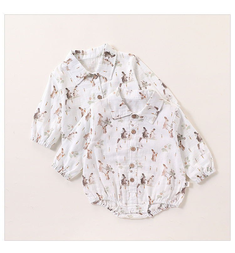 Spring Baby Kids Unisex Cartoon Rabbits Pattern Long Sleeves bodysuit and Top Shirt – Sister Matching Set-0