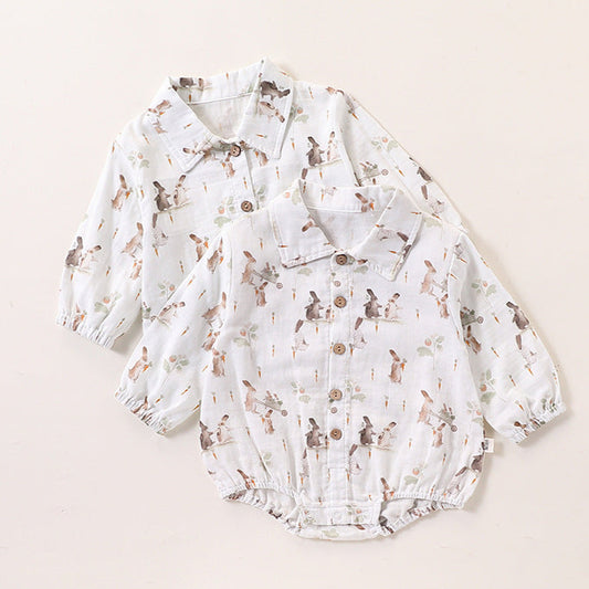 Spring Baby Kids Unisex Cartoon Rabbits Pattern Long Sleeves Onesies and Top Shirt – Sister Matching Set-0