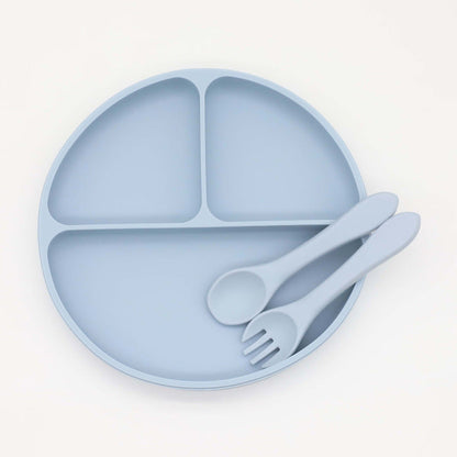 Baby Silicone Round Sucker Compartment Dinner Plate With Spoon Fork Sets-2
