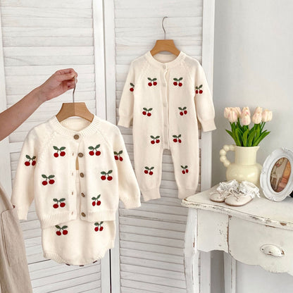 Arrival Autumn Baby Unisex Long Sleeves Cherry Jacquard Pattern Strap Onesies and Crew Neck Cardigan – Matching Set-0
