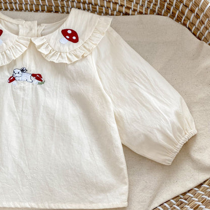 Autumn Arrival Baby Kids Girls Comfortable Simple Rabbits and Vegetable Pattern Long Sleeves Top Shirt with Collar-4