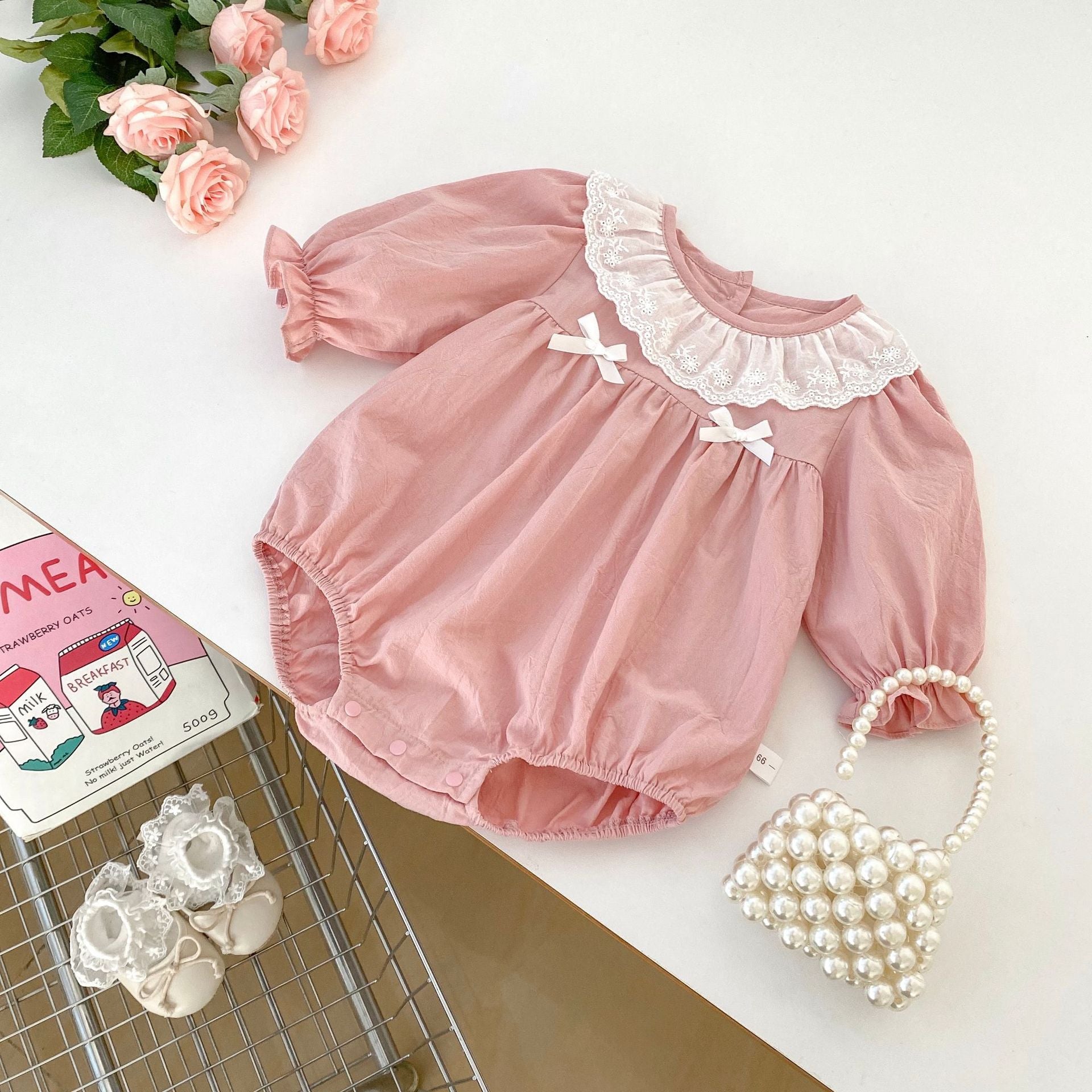 Spring Arrival Baby Girls Long Sleeves Floral Embroidered Collar Onesies Bodysuits-3