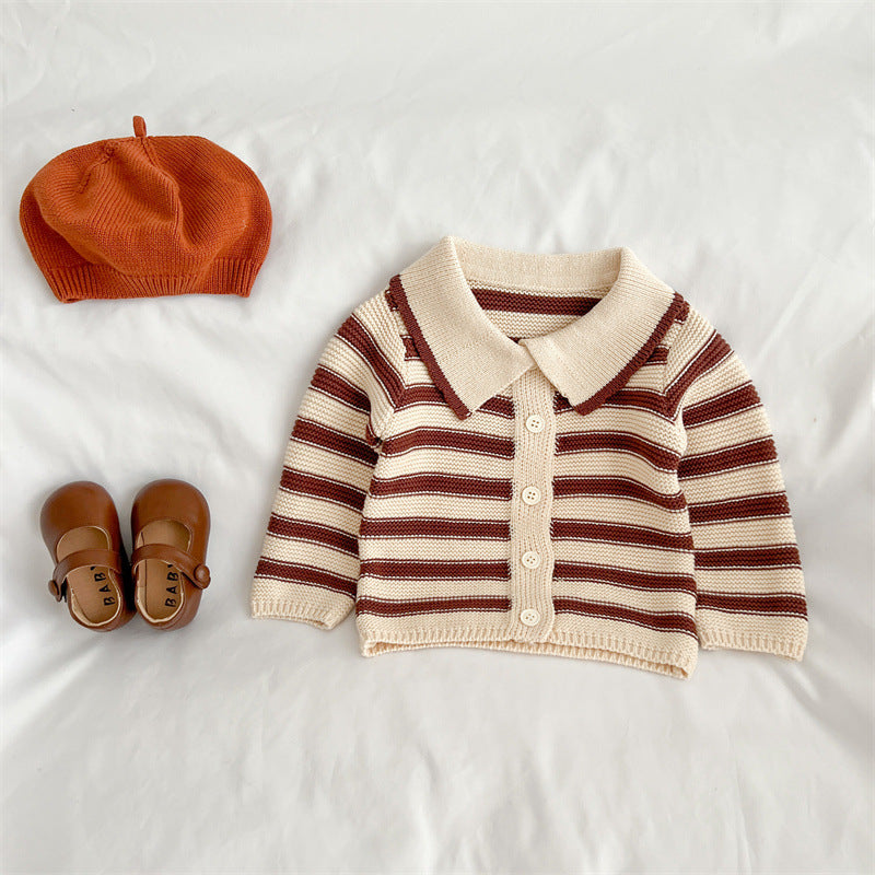 Baby Striped Pattern Lapel Knitted Cardigan or Pants-4