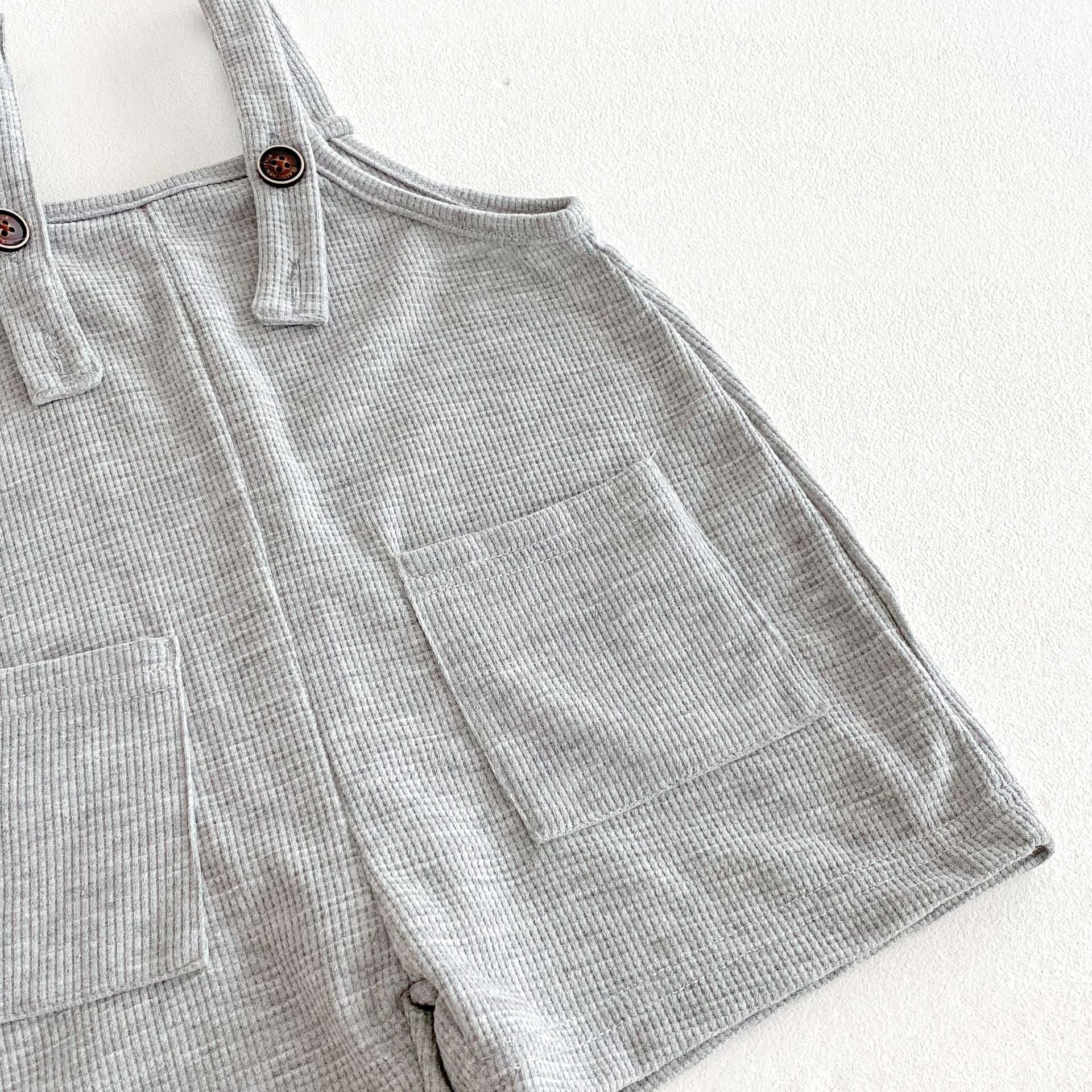 Summer Hot Selling Baby Kids Unisex Sleeveless Pocketed Grey Strap Overalls and White T-Shirt Clothing Set-4