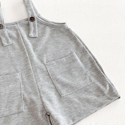 Summer Hot Selling Baby Kids Unisex Sleeveless Pocketed Grey Strap Overalls and White T-Shirt Clothing Set-4