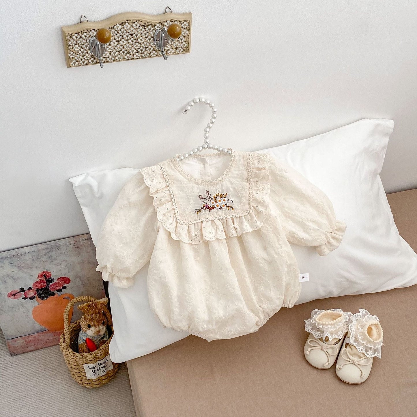 Spring Arrival Baby Girls Long Sleeves Floral Embroidered Bodysuits Onesies-4