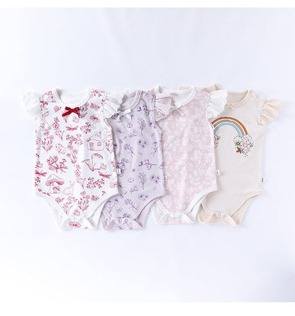Summer Arrival Baby Girls Fly Sleeves Floral Pattern Onesies Bodysuits-0
